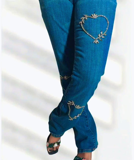 Heart Embellished Glam Denim Jeans