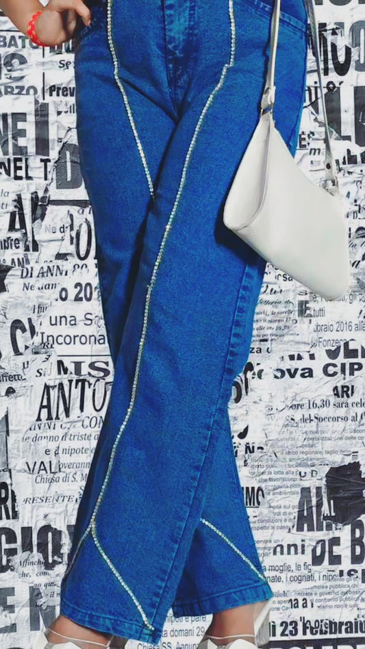 Crystal Curve Detail Flared Denim Jeans