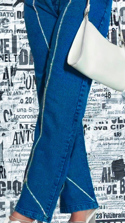 Crystal Curve Detail Flared Denim Jeans