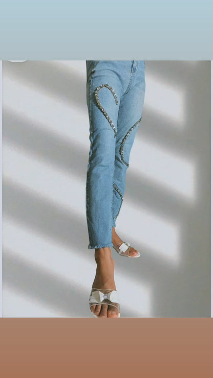 Light Wash Crystal Patchwork Straight Jeans