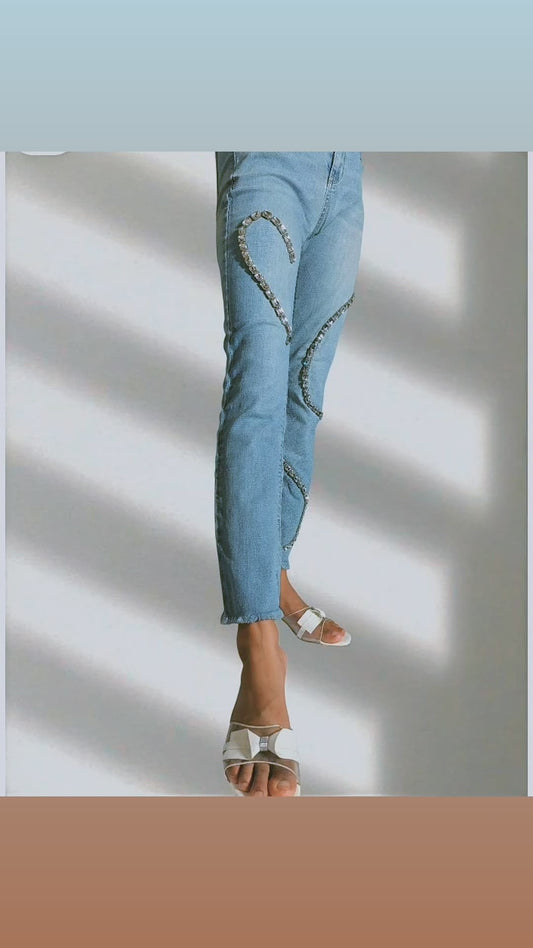 Light Wash Crystal Patchwork Straight Jeans
