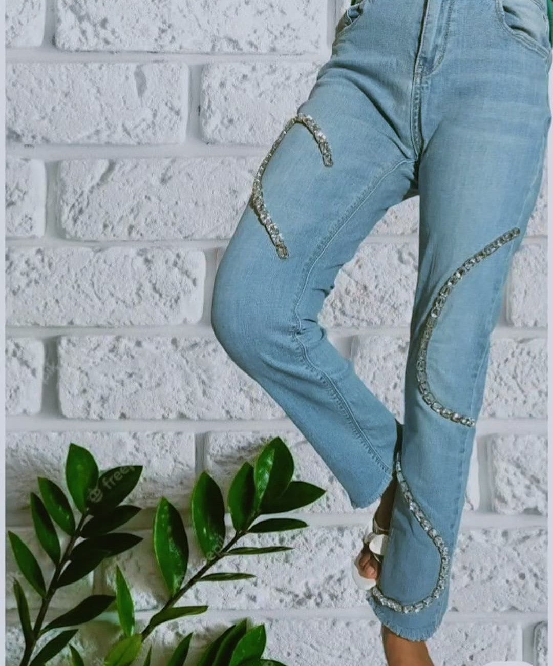 Light Wash Crystal Patchwork Straight Jeans