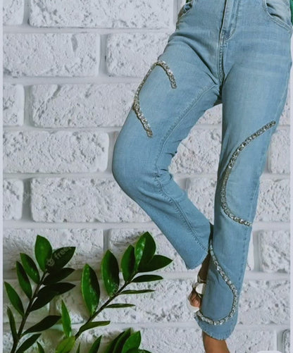 Light Wash Crystal Patchwork Straight Jeans
