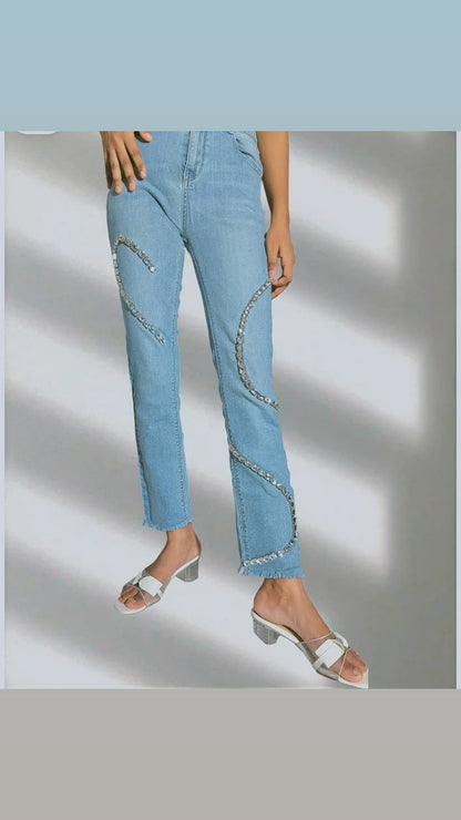 Light Wash Crystal Patchwork Straight Jeans